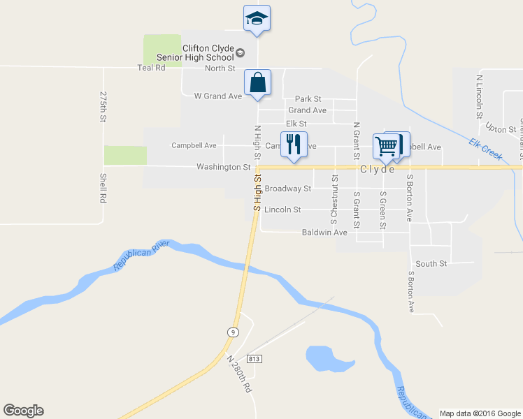 map of restaurants, bars, coffee shops, grocery stores, and more near 699 Lincoln Street in Clyde