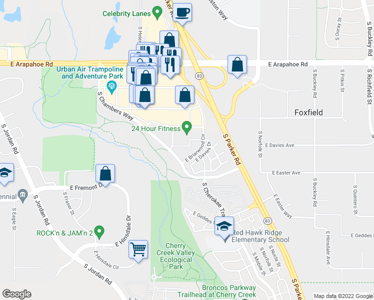 map of restaurants, bars, coffee shops, grocery stores, and more near 15950 East Briarwood Circle in Aurora