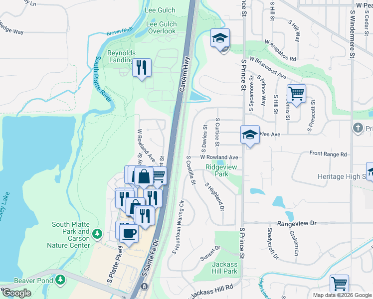 map of restaurants, bars, coffee shops, grocery stores, and more near 7125 South Costilla Street in Littleton