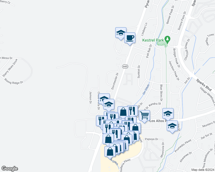 map of restaurants, bars, coffee shops, grocery stores, and more near 6697 South Drexel Drive in Sparks