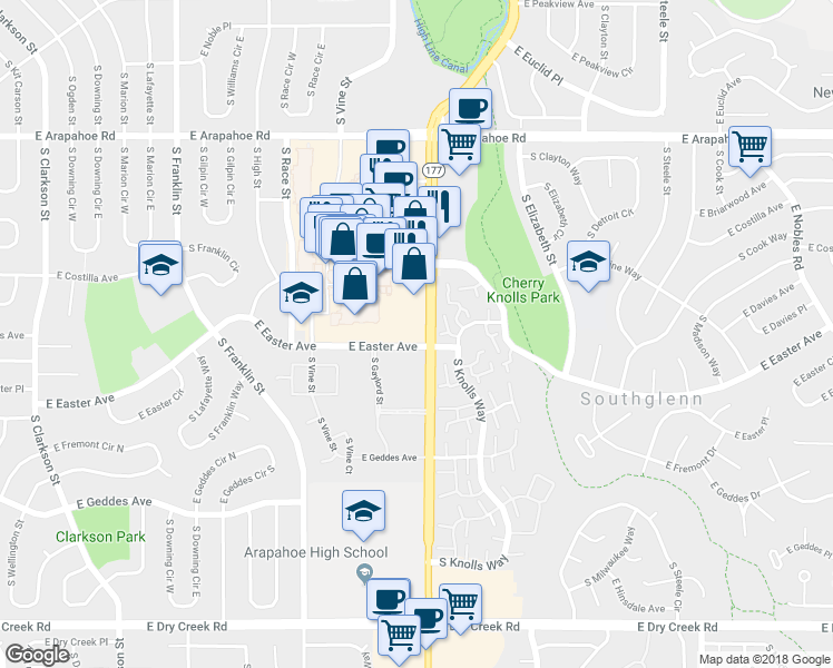 map of restaurants, bars, coffee shops, grocery stores, and more near 7061 South University Boulevard in Centennial