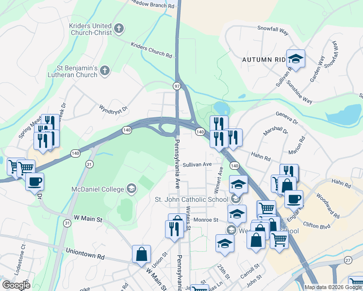 map of restaurants, bars, coffee shops, grocery stores, and more near 218 Pennsylvania Avenue in Westminster