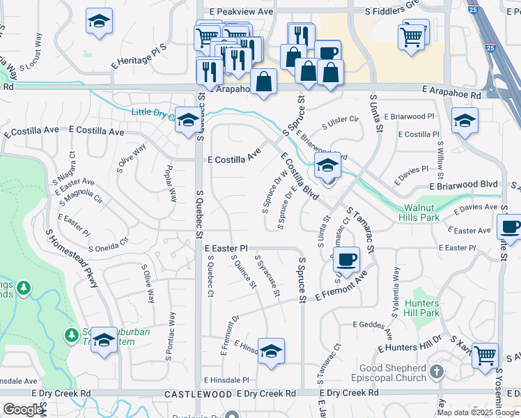 map of restaurants, bars, coffee shops, grocery stores, and more near 7027 South Spruce Drive West in Centennial