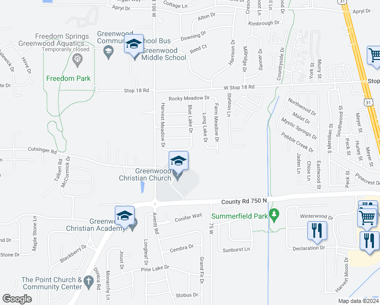 map of restaurants, bars, coffee shops, grocery stores, and more near 625 Locust Grove Lane in Greenwood