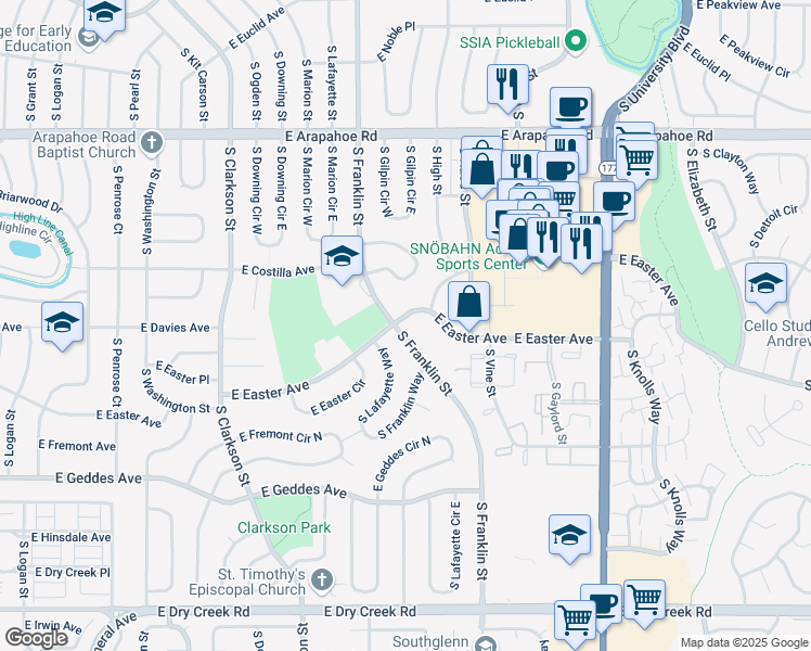 map of restaurants, bars, coffee shops, grocery stores, and more near 6996 South Franklin Street in Centennial