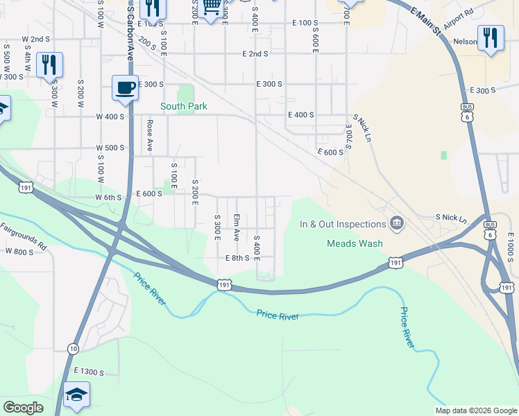 map of restaurants, bars, coffee shops, grocery stores, and more near 602 South 400 East in Price