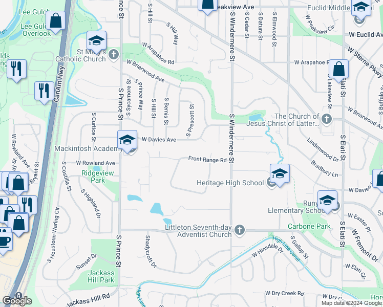 map of restaurants, bars, coffee shops, grocery stores, and more near 721 Front Range Road in Littleton