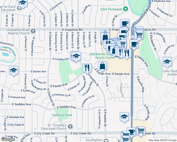 map of restaurants, bars, coffee shops, grocery stores, and more near 6996 South Franklin Street in Centennial