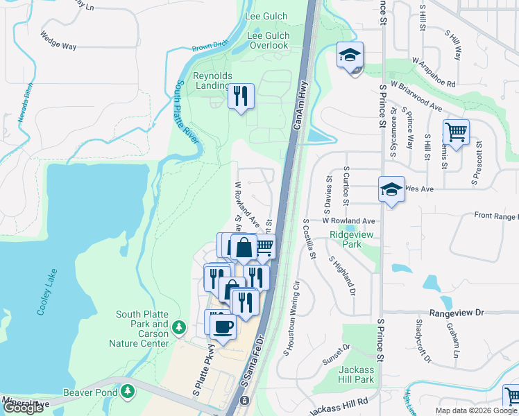 map of restaurants, bars, coffee shops, grocery stores, and more near 2876 West Bryant Place in Littleton