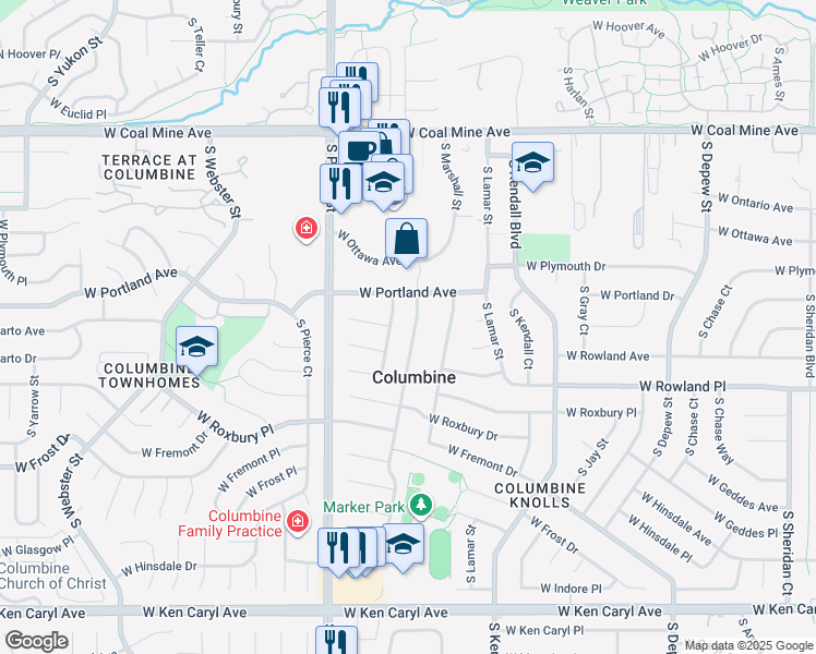map of restaurants, bars, coffee shops, grocery stores, and more near 6976 South Newland Street in Littleton
