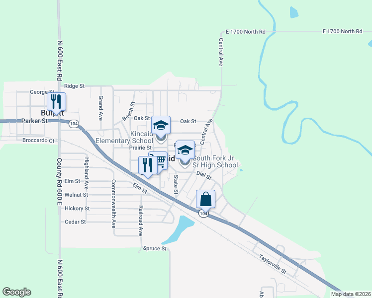 map of restaurants, bars, coffee shops, grocery stores, and more near 627 Prairie Street in Kincaid