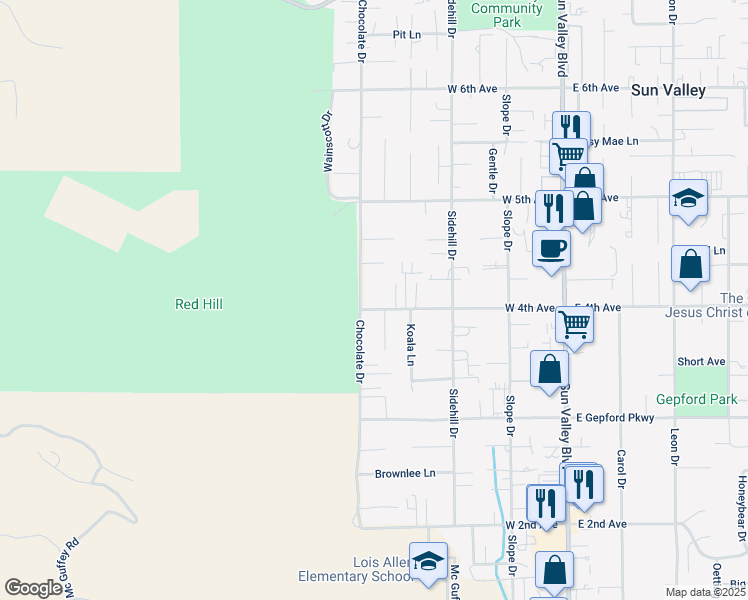 map of restaurants, bars, coffee shops, grocery stores, and more near 393 West 4th Avenue in Sun Valley