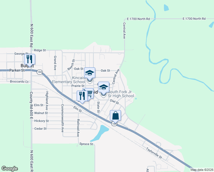 map of restaurants, bars, coffee shops, grocery stores, and more near 627 Prairie Street in Kincaid