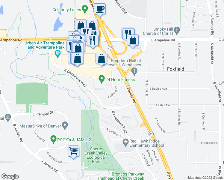 map of restaurants, bars, coffee shops, grocery stores, and more near 15950 East Briarwood Circle in Aurora