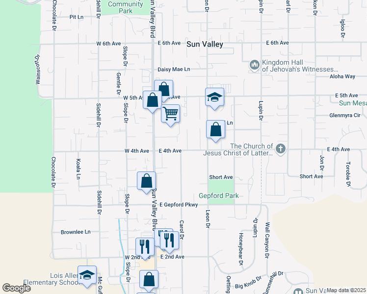 map of restaurants, bars, coffee shops, grocery stores, and more near 5405 Marcel Court in Sun Valley
