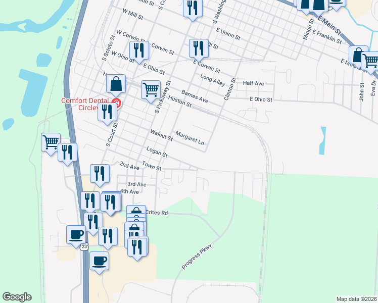 map of restaurants, bars, coffee shops, grocery stores, and more near 363 Walnut Street in Circleville