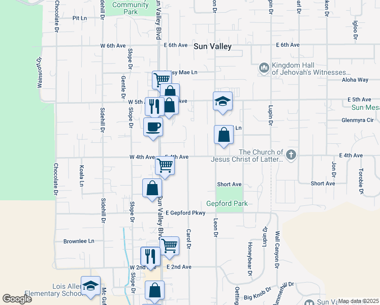 map of restaurants, bars, coffee shops, grocery stores, and more near 5405 Marcel Court in Sun Valley