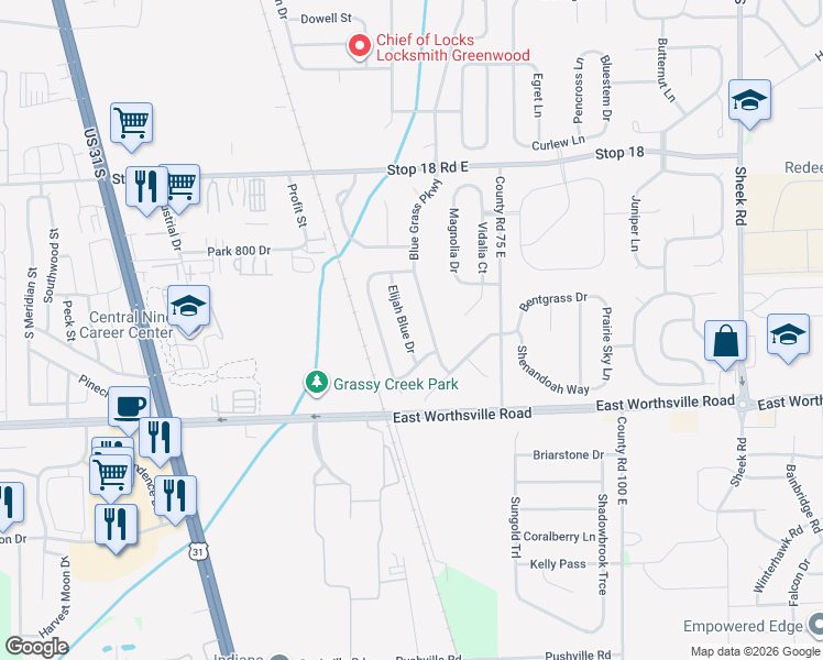 map of restaurants, bars, coffee shops, grocery stores, and more near 1755 Elijah Blue Drive in Greenwood