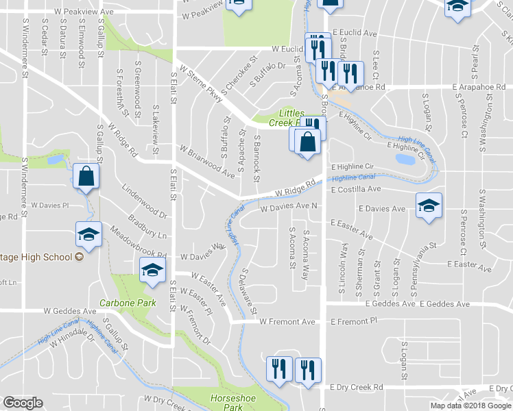 map of restaurants, bars, coffee shops, grocery stores, and more near 291 West Davies Avenue North in Littleton