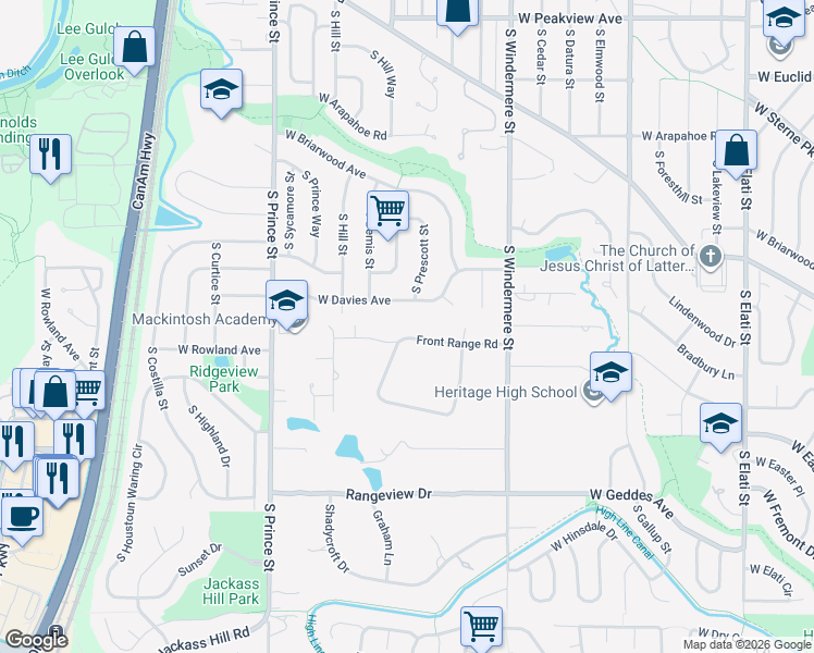 map of restaurants, bars, coffee shops, grocery stores, and more near 721 Front Range Road in Littleton