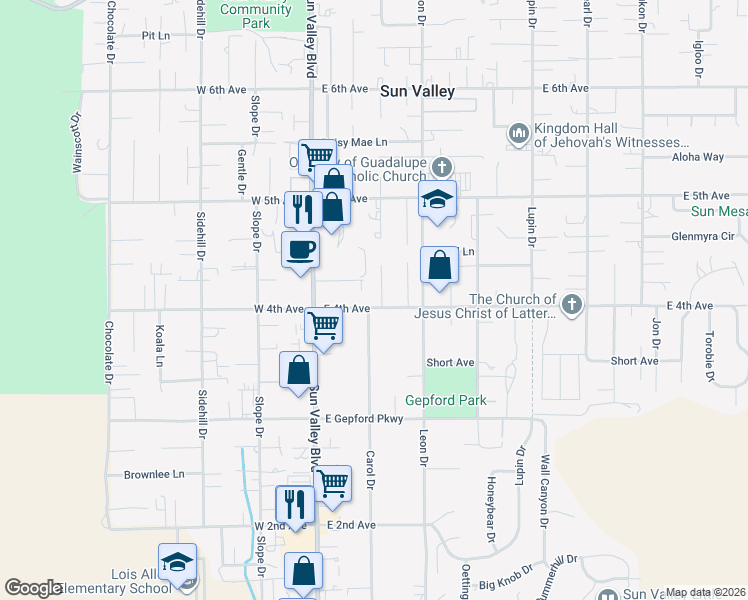 map of restaurants, bars, coffee shops, grocery stores, and more near 5405 Marcel Court in Sun Valley
