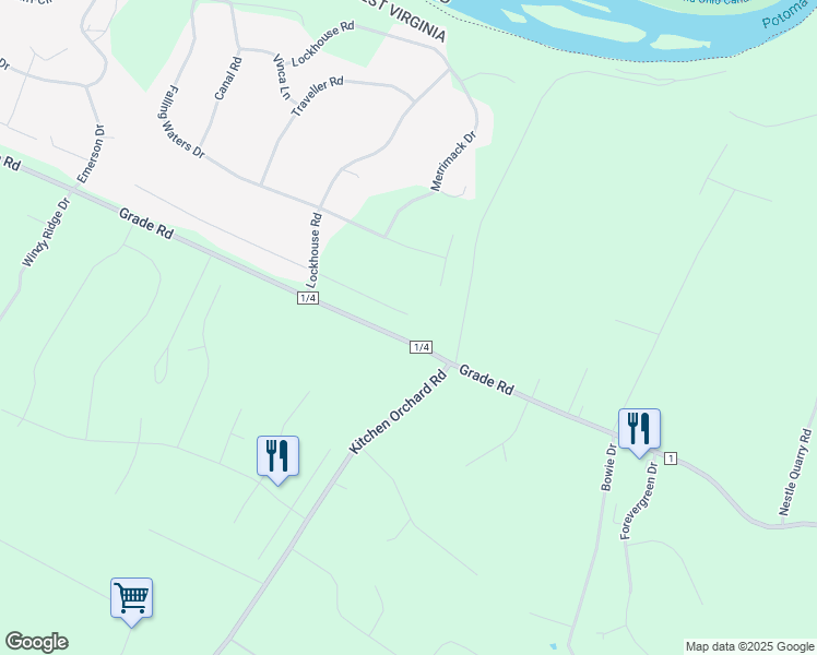 map of restaurants, bars, coffee shops, grocery stores, and more near 214 East Antioch Lane in Falling Waters