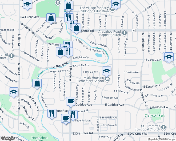 map of restaurants, bars, coffee shops, grocery stores, and more near 251 East Davies Avenue in Centennial