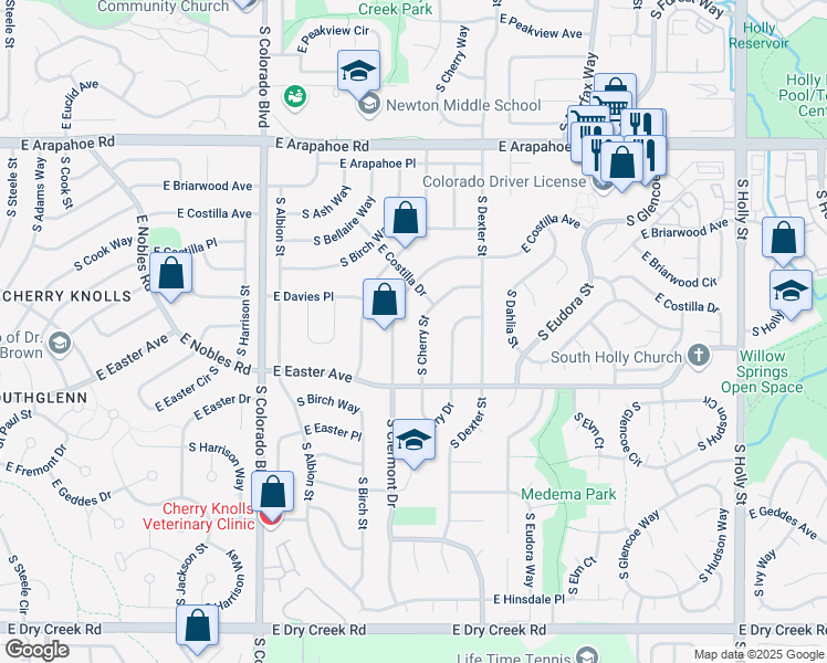 map of restaurants, bars, coffee shops, grocery stores, and more near 7003 South Cherry Street in Centennial