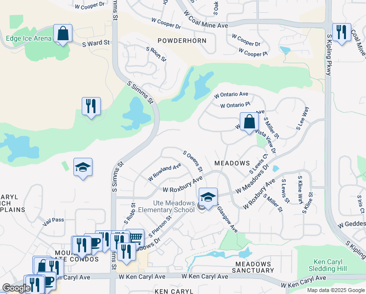map of restaurants, bars, coffee shops, grocery stores, and more near 7056 South Owens Street in Littleton