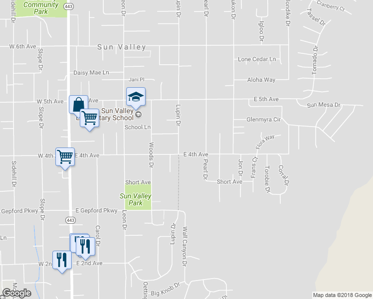 map of restaurants, bars, coffee shops, grocery stores, and more near 525 East 4th Avenue in Sun Valley