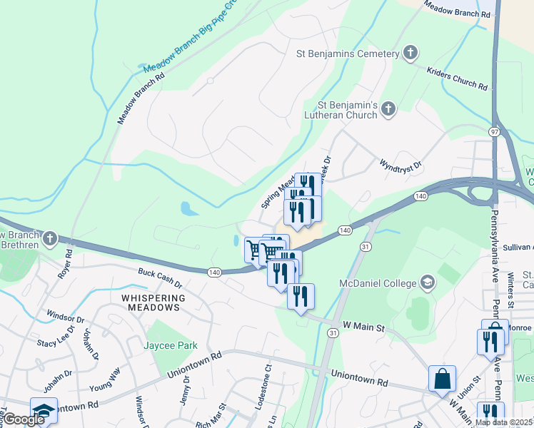 map of restaurants, bars, coffee shops, grocery stores, and more near 634 Spring Meadow Drive in Westminster