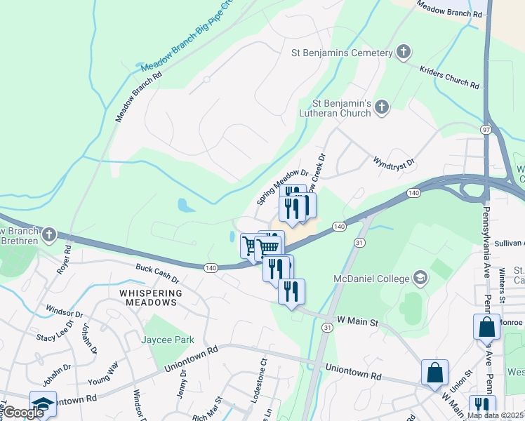 map of restaurants, bars, coffee shops, grocery stores, and more near 634 Spring Meadow Drive in Westminster