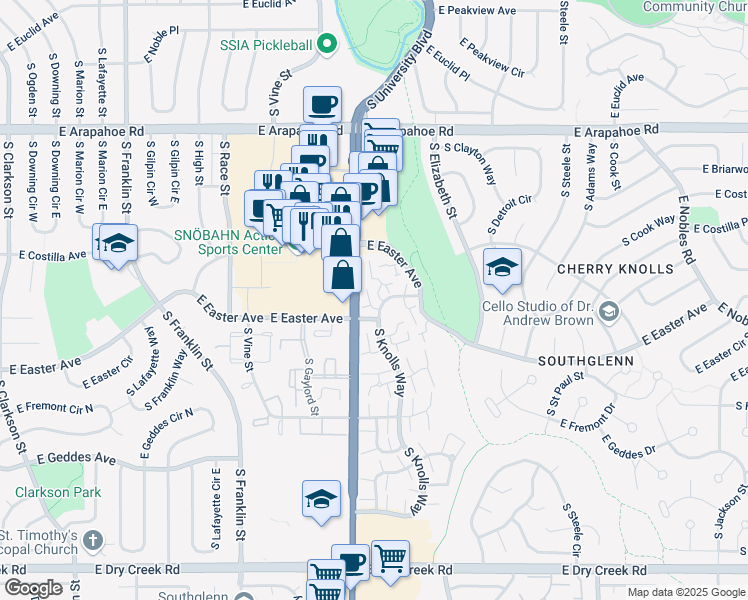 map of restaurants, bars, coffee shops, grocery stores, and more near 7008 S Knolls Way in Centennial