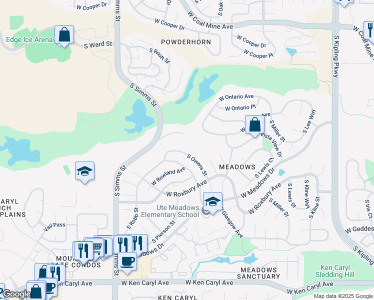 map of restaurants, bars, coffee shops, grocery stores, and more near 7056 South Owens Street in Littleton