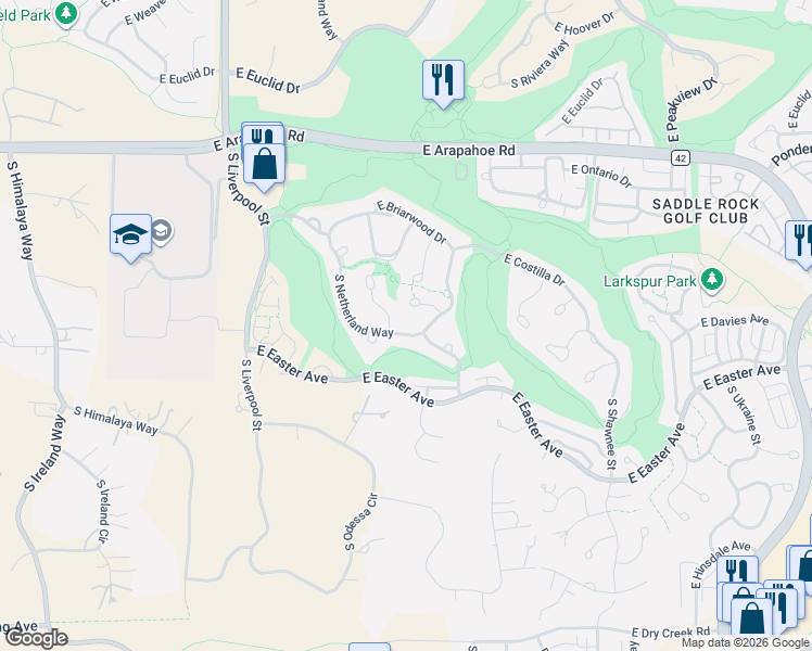 map of restaurants, bars, coffee shops, grocery stores, and more near 7018 South Netherland Way in Aurora