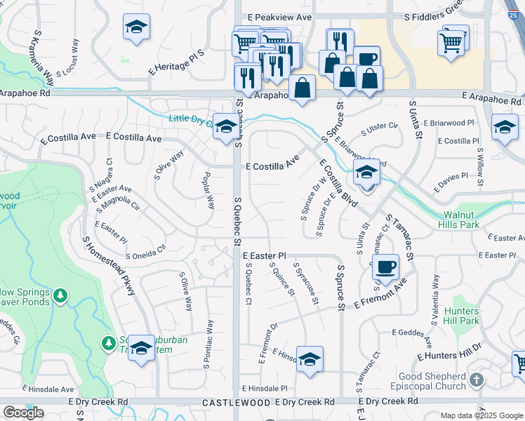 map of restaurants, bars, coffee shops, grocery stores, and more near 7000 South Quince Street in Centennial