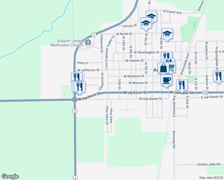 map of restaurants, bars, coffee shops, grocery stores, and more near 201-299 South 11th Street in Auburn