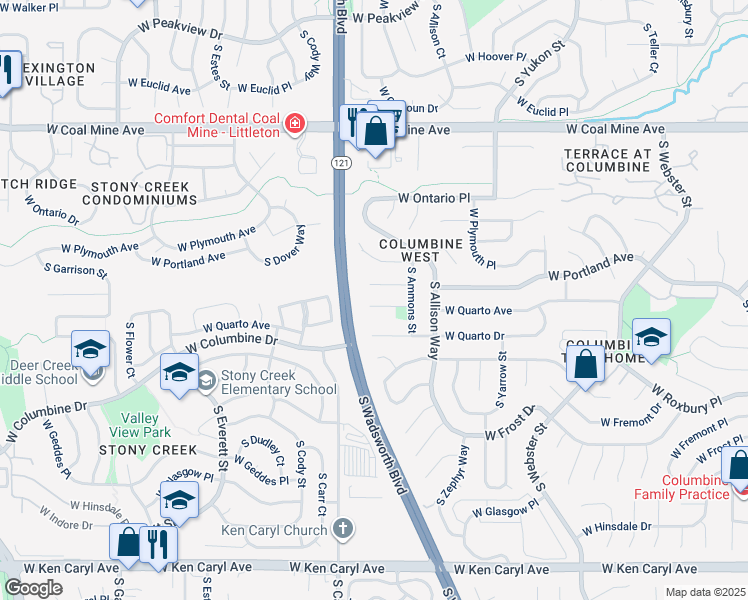 map of restaurants, bars, coffee shops, grocery stores, and more near 8263 West Quarto Avenue in Littleton