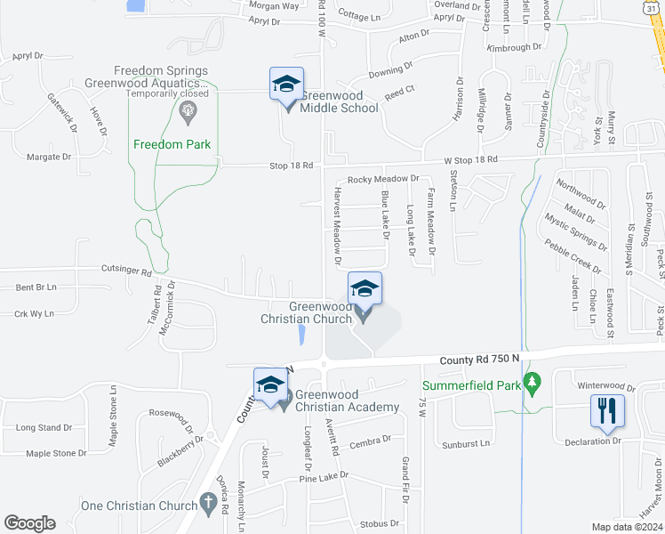 map of restaurants, bars, coffee shops, grocery stores, and more near 1880 Harvest Meadow Drive in Greenwood