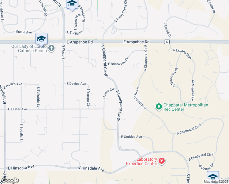 map of restaurants, bars, coffee shops, grocery stores, and more near 6995 S Chapparal Cir W in Centennial