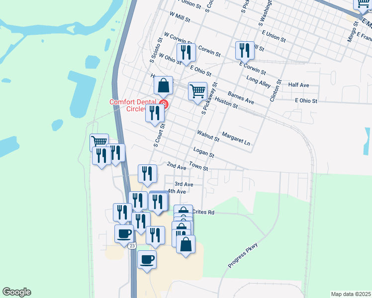 map of restaurants, bars, coffee shops, grocery stores, and more near 1111 South Pickaway Street in Circleville