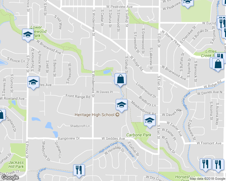 map of restaurants, bars, coffee shops, grocery stores, and more near 1307 West Davies Place in Littleton