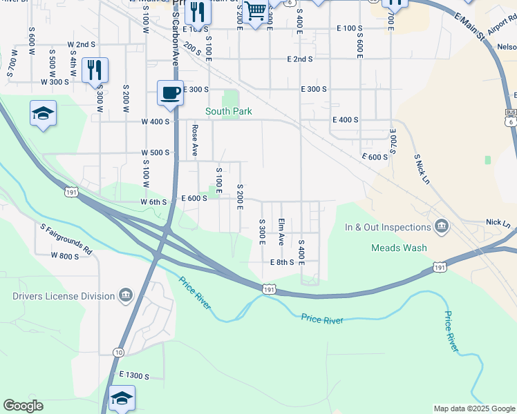 map of restaurants, bars, coffee shops, grocery stores, and more near 602 South 300 East in Price