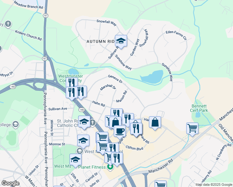 map of restaurants, bars, coffee shops, grocery stores, and more near 572 Marshall Drive in Westminster