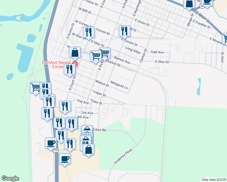 map of restaurants, bars, coffee shops, grocery stores, and more near 327 Walnut Street in Circleville