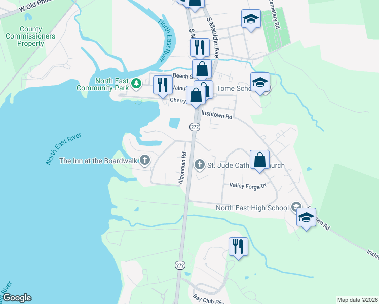 map of restaurants, bars, coffee shops, grocery stores, and more near 110 Algonquin Road in North East