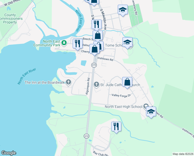 map of restaurants, bars, coffee shops, grocery stores, and more near 110 Algonquin Road in North East