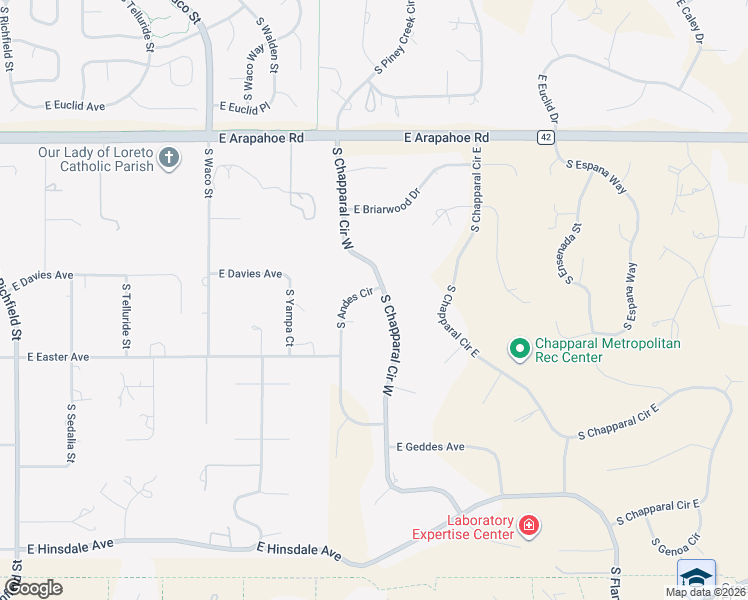 map of restaurants, bars, coffee shops, grocery stores, and more near 6995 South Chapparal Circle West in Centennial
