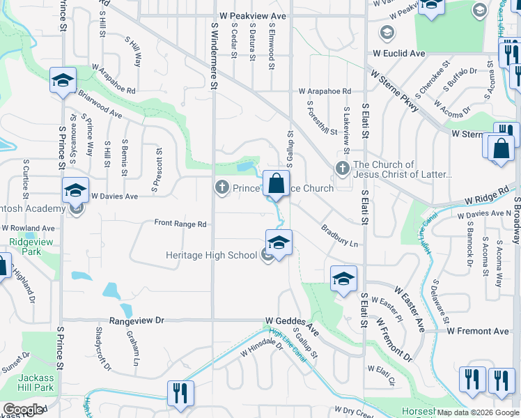 map of restaurants, bars, coffee shops, grocery stores, and more near 1307 West Davies Place in Littleton