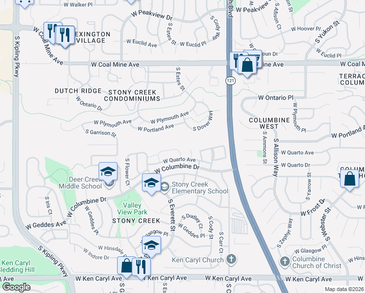 map of restaurants, bars, coffee shops, grocery stores, and more near 8781 West Quarto Circle in Littleton